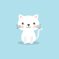Cat character. A cute white kitten on sky blue background. Funny cat vector illustration for baby shower invitation, birthday party invitation postcard, greeting card, invitation and eCards.