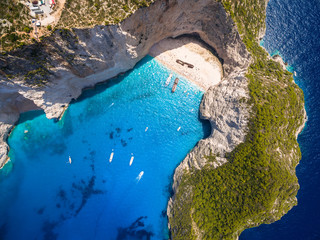 Aerial  view of Navagio beach Shipwreck view in Zakynthos (Zante) island, in Greece