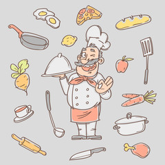 Drawing sketch cook and various kitchen objects