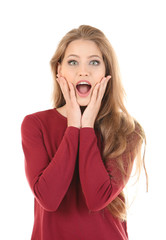 Pretty excited woman on white background