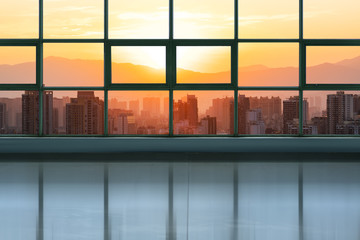 blank studio with cityscape background