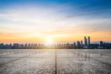 cityscape and skyline of san francisco at sunrise on view from empty floor