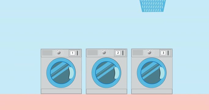 Line of industrial laundry machines in Flat style rows of washing machines, laundromat machine washer line. Laundry service design Wash and Dry, 2D cartoon animation in 4K, Ultra HD format.