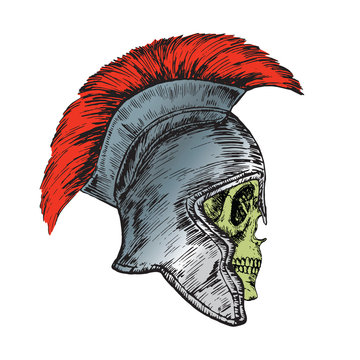 Skull in helmet of the Roman Legionnaire, hand drawn doodle, sketch in woodcut style, color vector illustration