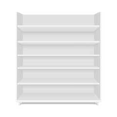 Blank empty showcase display with retail shelves. Front view. Vector mock up template ready for your design.