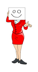 Cartoon Businesswoman Holding Happy Smiley Face