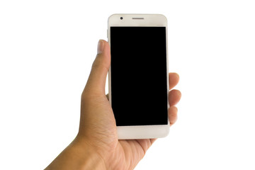 Hand holding smart phone on isolated