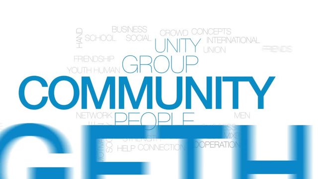 Community animated word cloud, text design animation. Kinetic typography.