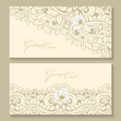 set invitation card with lace decoration for wedding, birthday, Valentine's day and other holidays. Template vector frame. 