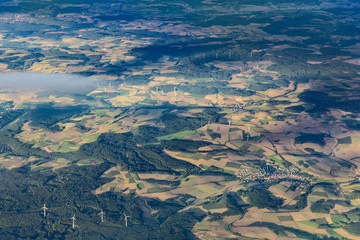aerial of wind generators in rural landscape in Bavaria