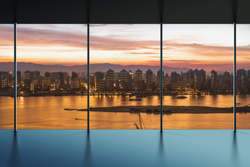 empty office interior at sunset with beautiful view
