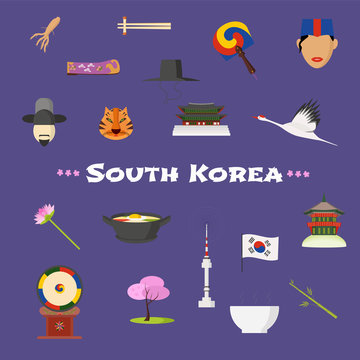 Visit South Korea vector icons set, cliparts