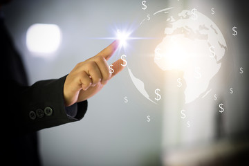 Man hand hold our planet earth glowing connection and make money