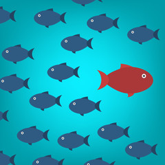 Think differently -One red unique different fish swimming opposite way of identical blue ones. Courage, confidence, success, crowd and creativity concept. EPS 10 vector illustration.