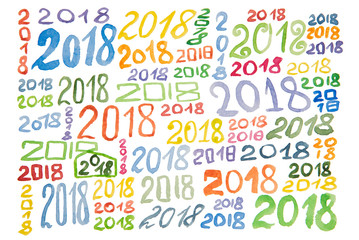 Several numbers of different colors for the new year 2018 painted in watercolor on a white background