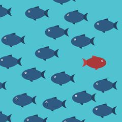 Think differently -One red unique different fish swimming opposite way of identical blue ones. Courage, confidence, success, crowd and creativity concept. EPS 10 vector illustration.