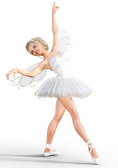 3D ballerina with wings. Forest Fairy. Butterfly. White ballet tutu. Blonde girl with blue eyes. Ballet dancer. Studio photography. High key. Conceptual fashion art. Render illustration.