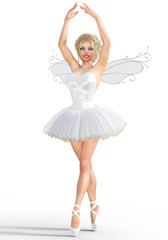 Naklejka premium 3D ballerina with wings. Forest Fairy. Butterfly. White ballet tutu. Blonde girl with blue eyes. Ballet dancer. Studio photography. High key. Conceptual fashion art. Render illustration.