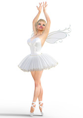 Naklejka premium 3D ballerina with wings. Forest Fairy. Butterfly. White ballet tutu. Blonde girl with blue eyes. Ballet dancer. Studio photography. High key. Conceptual fashion art. Render illustration.