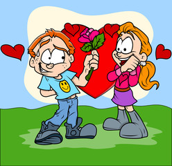 Young Boy Presenting Rose to a Girl Vector Illustration
