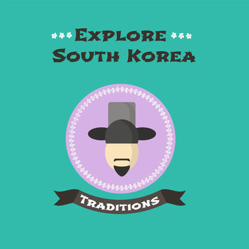 Korean man in traditional oriental hat vector illustration