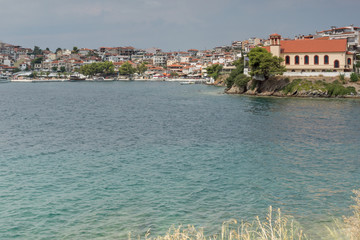 Fototapeta na wymiar Panoramic view of coastline of town of Neos Marmaras at Sithonia peninsula, Chalkidiki, Central Macedonia, Greece