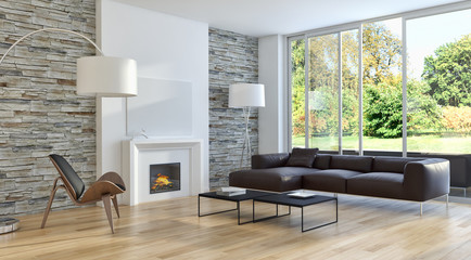 Modern bright living room lounge interior with fire place. 3D rendering