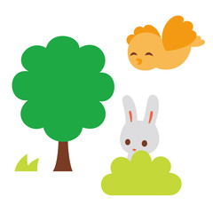 小鳥　ウサギ　木