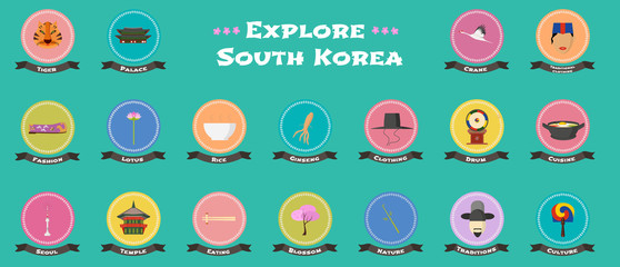 Set of icons with Korean landmarks, objects, architecture in vector
