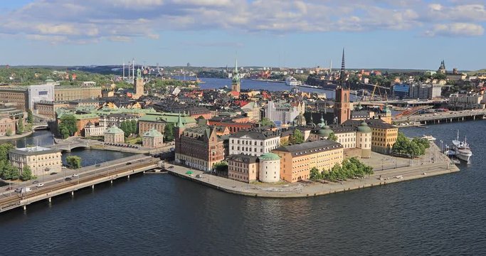 Aerial zoom in view on Riddarholmen (Knights island) in Stockholm, Sweden
