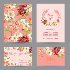 Autumn Vintage Hortensia Flowers Save the Date Card for Wedding, Invitation, Party in vector