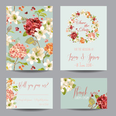 Autumn Vintage Hortensia Flowers Save the Date Card for Wedding, Invitation, Party in vector