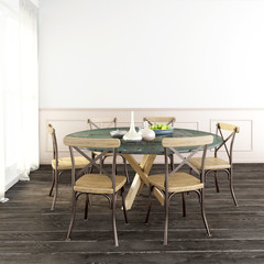 Mock up wall in interior with dining area. living room modern style. 3d illustration