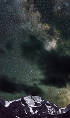 Altai mountain range in front of summer night sky with stars and milky way, abstract background