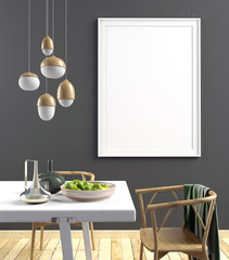 Mock up poster in interior with dining area. living room modern style. 3d illustration