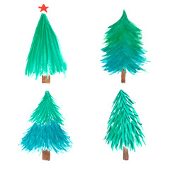 Watercolor christmas trees set isolated on white background.