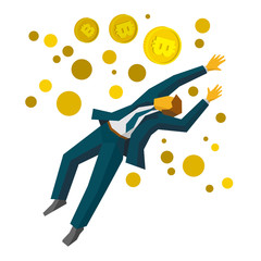 Jumping businessman catch a gold bitcoins