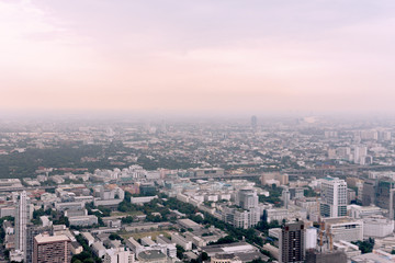Fototapeta na wymiar Bangkok cityscape high panorama. High view of buildings, river and traffic.