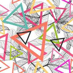 Leaves black contours, triangle Rainbow bright magenta pink orange blue modern trendy background. floral seamless pattern, hand-drawn. Geometric abstract background for site, blog, fabric. Vector