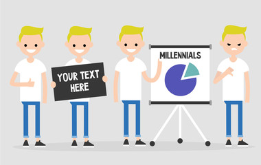 Young male character. Set of different activities and emotions / flat editable vector illustration, clip art