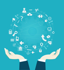 Hands holding Business background made of vary icons, representing busy business world. 