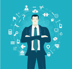 Businessmen surrounded by vary icons, representing busy business world. 