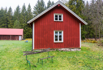 Red old cottage in the forest