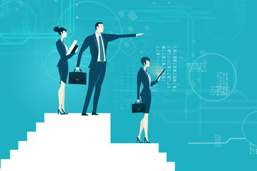 Businesswoman and businessmen on top of the stairs, looking for the business growing charts and diagrams and representing professional success. Business concept illustration. 

