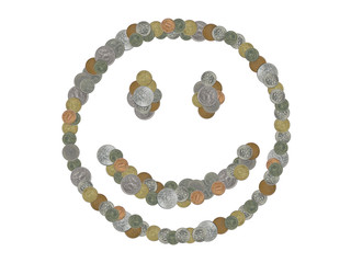 Smiley face emoji with old coins on white background