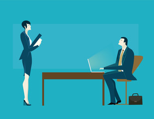 Fototapeta premium Businesswoman and businessmen talking business in front of background made of diagrams and growth charts. Business concept illustration. 