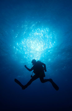 Diver in front of the sun