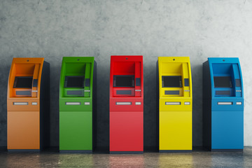 Colorful ATM in concrete interior