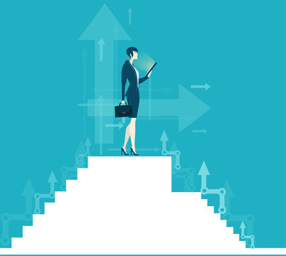 Businesswoman on top of the stairs, looking for the business growing charts and diagrams and representing professional success. Business concept illustration. 
