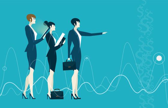 Three businesswoman looking for the business growing charts and diagrams and representing professional success. Business concept illustration. 
